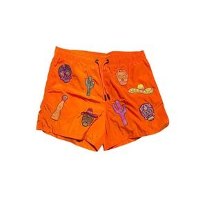Bain de Mer Mens Orange Mexican Embroidered Sugar Skull Swim Trunks XXL New